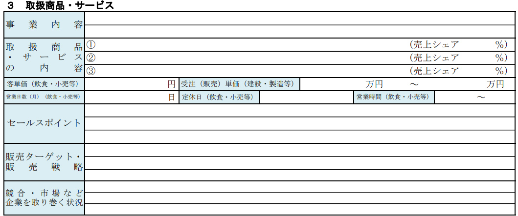 3.創業計画書の「取扱商品・サービス」欄